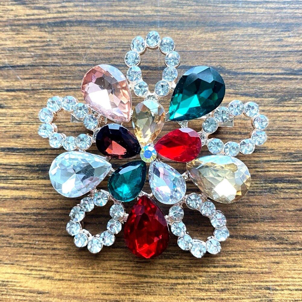 Colorful Rhinestone Snowflake Holiday Brooch Multi Color 2 Inch Glam Sparkle